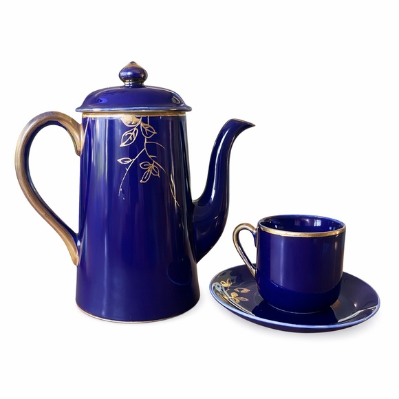 Chikaramachi Noritake Cobalt Blue Gold Bird Coffee Pot Cup Saucer Japan Vtg 40s - Picture 4 of 10